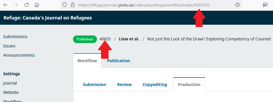 The OJS interface showing the location of the submission IDs with red arrows