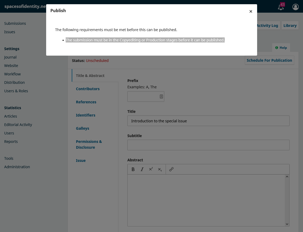 Screenshot of error message: the submission must be in the Copyediting or Production stages before it can be published.