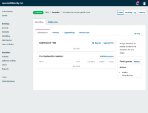 The Submission sub-tab says: Assign an editor to enable the editorial decisions for this stage.