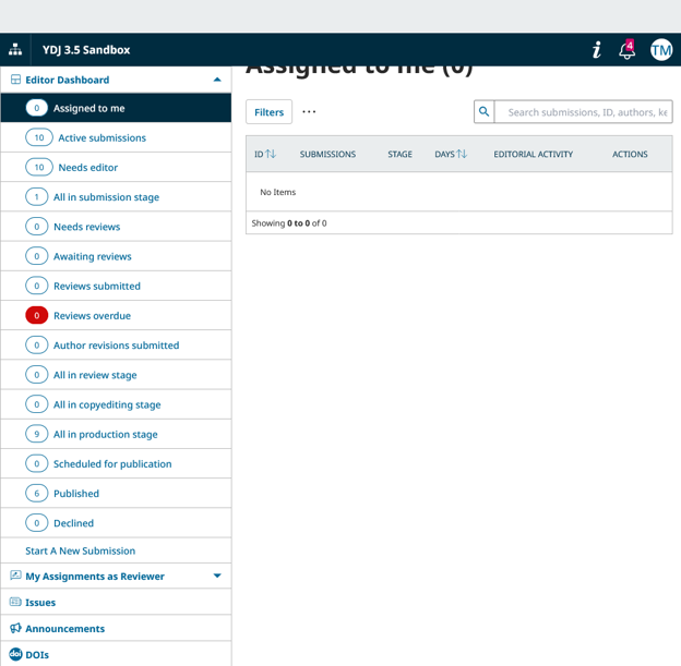 The revised dashboard in OJS 3.5, showing the new navigation structure The revised dashboard in OJS 3.5, showing the new navigation structure